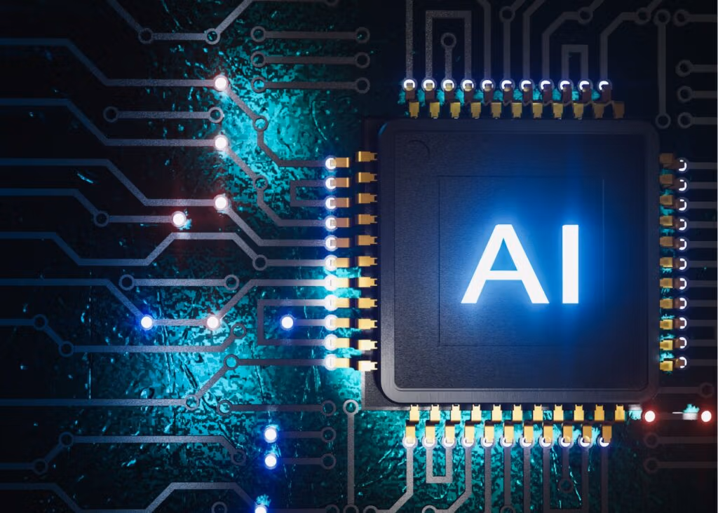 Close-up of a glowing AI chip on a circuit board