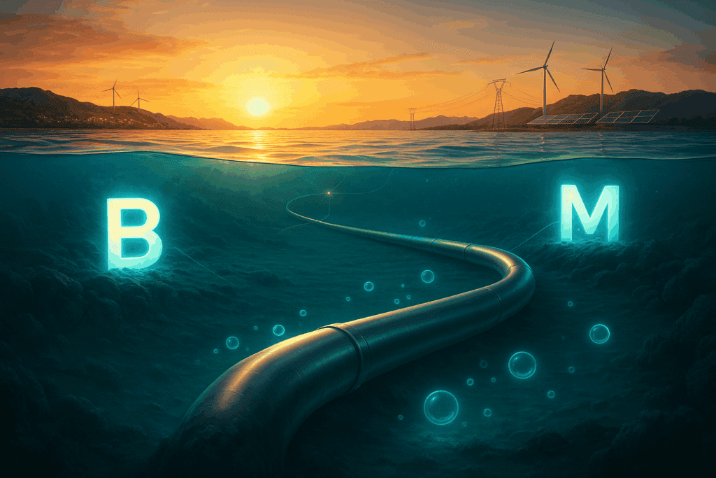 BarMar Pipeline Illustration: The turquoise Mediterranean seafloor dominates the lower half, where a sleek metallic pipeline snakes from a glowing stylised “B” near Barcelona on the left to an “M” near Marseille on the right. Soft bioluminescent rings drift upward, hinting at hydrogen molecules. Above the waterline, the Spanish and French coastlines glow under a golden sunrise, with distant wind- and solar-farms feeding faint electric lines down into the pipe.