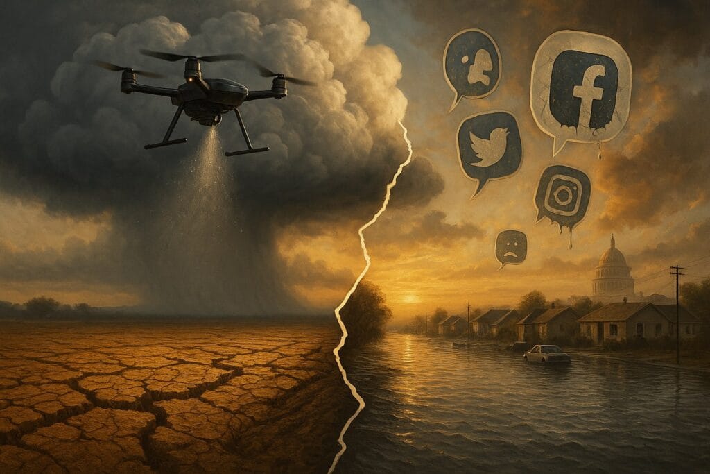 Rainmaker illustration: In the center, a sleek black drone sprays micro-particles into a silver-gray cumulonimbus cloud. Below, a sun-scorched, drought-stricken Texas field transitions into a flooded suburban street — both scenes split by a jagged lightning-shaped seam. In the background, social media icons float like distorted speech bubbles over the horizon, some cracked or melting. A half-visible U.S. Capitol dome fades into the clouds, symbolizing regulatory tension.