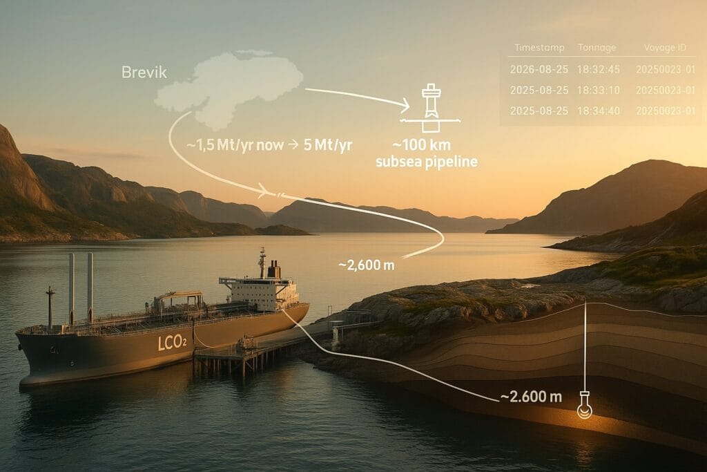 northern lights carbon storage graphic: Foreground left: a generic LCO₂ carrier alongside a fjord-side Øygarden terminal with an articulated offloading arm; faint rotor sails and an LNG funnel hint at efficiency. Mid-ground: a transparent map overlay arcs from Brevik to Øygarden, then out to an offshore wellhead icon, with subtle labels “~1.5 Mt/yr now → ≥5 Mt/yr” and “~100 km subsea pipeline.” Right side/background: a stylized seabed cross-section shows injection ~2,600 m below the seabed with layered geology. Over the scene, a minimal MRV ledger overlay (timestamps, tonnage, voyage ID) implies custody and verification. Golden-hour light, crisp textures, high contrast; neutral palette of steel, water, and rock