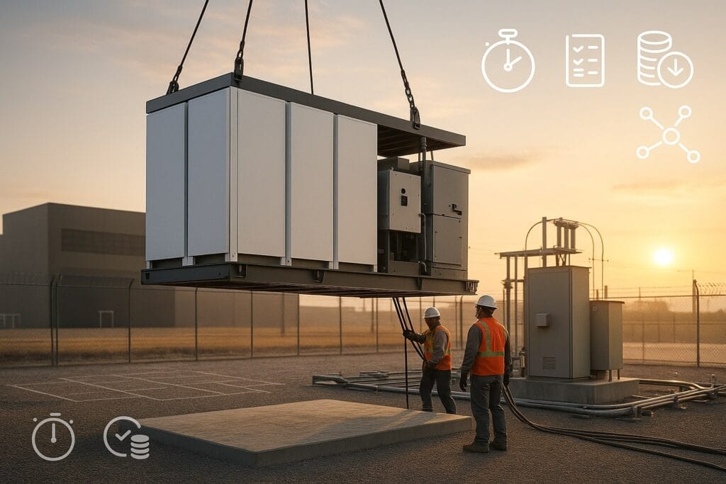 Representational illustration of a prefabricated battery block—four generic cabinets integrated with a transformer and switchgear—being lowered by crane onto a concrete pad at a substation, with two workers guiding connections in golden-hour light (no logos).