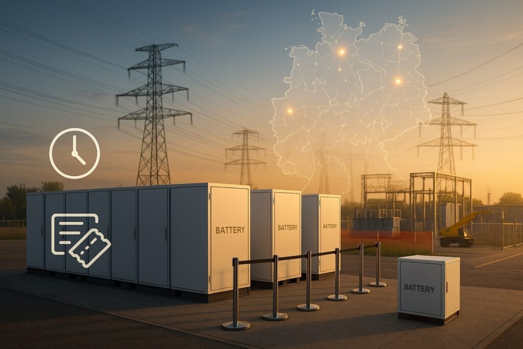 Foreground: a row of generic white battery-container blocks waits behind sleek queue stanchions/turnstiles, subtly implying “first-come” without any text. Mid-ground: a realistic German substation yard with one empty bay and a maintenance crane; orange safety fencing hints at constraints. Background: a translucent Germany outline divided into four neutral zones with fine transmission lines and node dots, several nodes glowing to suggest saturated capacity. Minimal UI overlays (icon-only): a ticking clock beside a queue-ticket symbol on the left, and a checklist/green tick beside a single battery block on the right to imply “first-ready.”