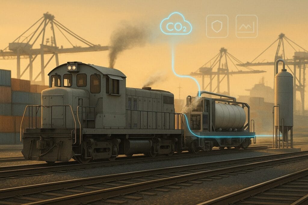A neutral, unbranded yard-switcher rolls through a port rail yard at golden hour. Immediately behind it, a dedicated tender car holds compact capture gear—compressor skid and insulated CO₂ tanks—linked by a visible exhaust duct. Container stacks and ship-to-shore cranes sit in the mid-ground; a simple trackside offload stand suggests where captured CO₂ is transferred. Thin UI-style icons (cloud, shield, chart) float subtly; no logos or readable text.