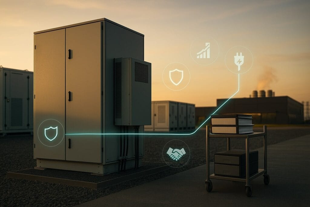 Golden-hour editorial illustration of a modern substation cabinet and a cart stacked with binders in the foreground, containerised battery units and a demand-response cabinet mid-ground, and an unbranded data centre with cooling stacks in the background, joined by a thin teal “data rail” with small shield, bar-chart, plug and handshake icons.