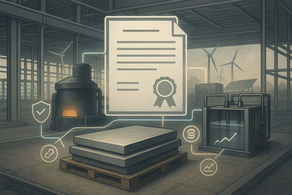 An unbranded data-centre construction bay with exposed steel framing. In front, plain steel slabs on a pallet. A blank certificate with an embossed-seal icon hovers above, connected by glowing lines to a compact electric-arc-furnace silhouette, a plate-based electrochemical bath, and a small substation fed by wind turbines and solar panels. Small icon glyphs—a shield, chain link, coin, and line chart—suggest integrity, supply chain, market value, and scale.