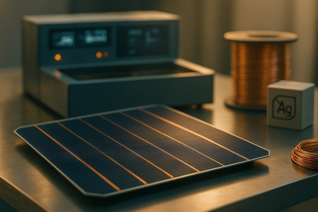 Close-up of a solar cell with fine copper gridlines beside an unbranded plating station in a cleanroom.