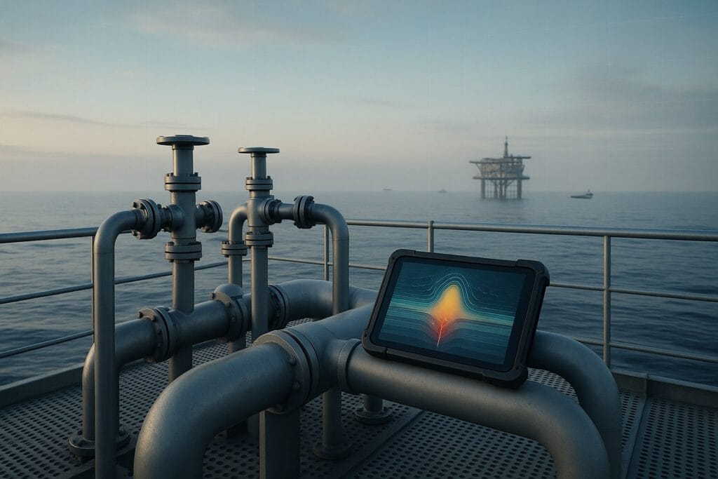 Wide 3:2 view from an offshore platform deck showing grey pipes and valves beside a rugged tablet with a colored CO₂ plume graphic on its screen, looking out over a calm sea with a second platform and small service vessels on the hazy horizon under soft cool daylight, no people or visible logos.
