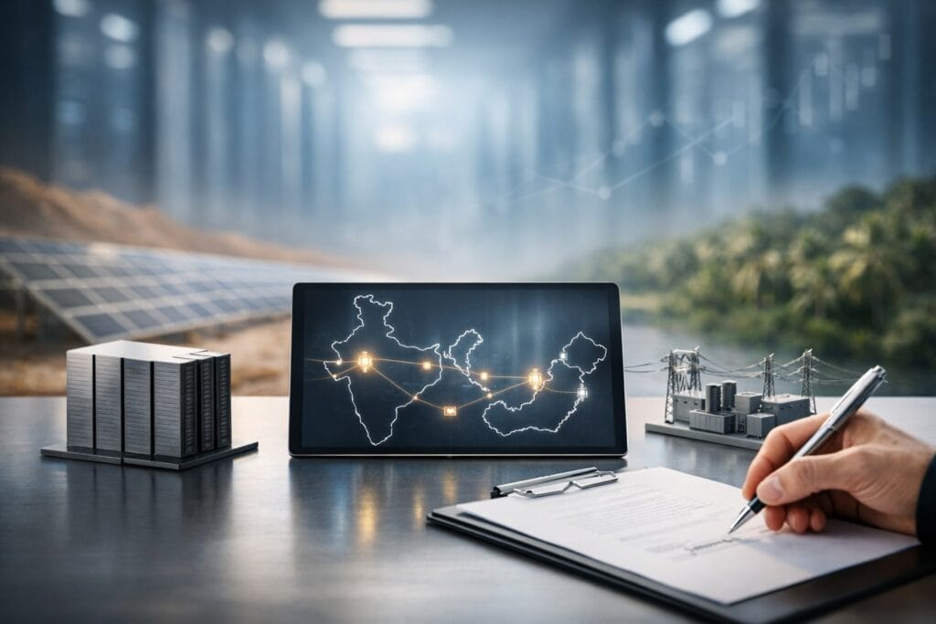 A hand signs a contract on a conference table beside miniature models of a data center and an electric substation, while a tablet displays an abstract map linking India and Malaysia with glowing solar-power icons.