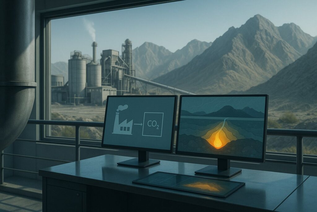 Interior of a neutral cement plant control room with a glass-topped desk and two monitors showing a simple CO₂ flow diagram and an underground “CO₂ plume”, looking out through a large window to silos, a stack and rugged Fujairah-style mountains where the gas is stored in rock.