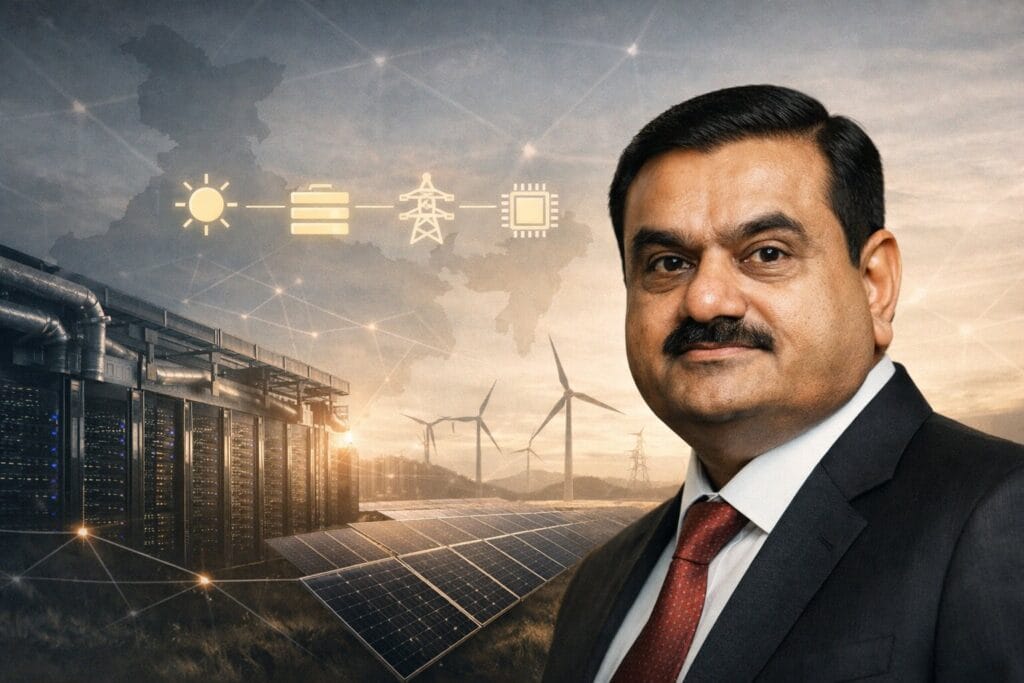 Photorealistic 3:2 editorial collage featuring Gautam Adani in sharp focus at right, with a blended backdrop of a hyperscale data center merging into solar panels and wind turbines; a faint map of India and abstract network lines sit behind him, with minimalist icons showing sun, battery, transmission tower, and GPU chip connected in sequence—no text or logos.