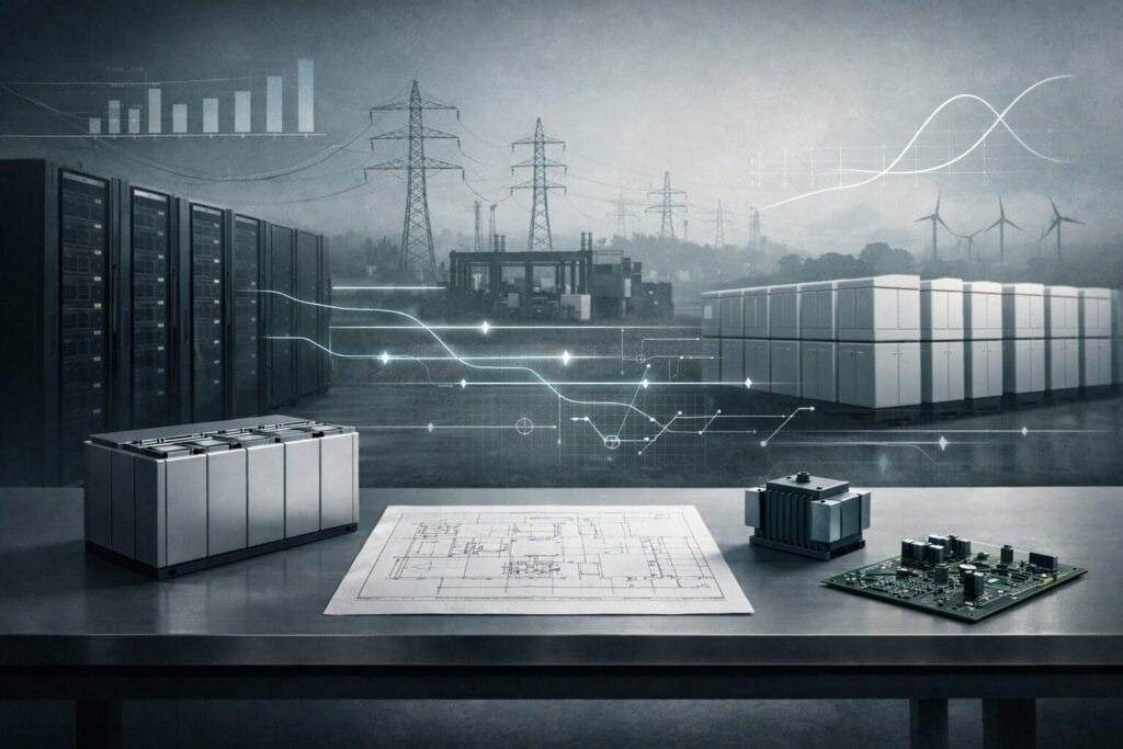 A high-end editorial illustration showing the convergence of AI infrastructure and energy systems: in the foreground, a clean industrial table holds a battery module, a technical blueprint, a small transformer, and a circuit board; in the mid-ground, rows of data-center server racks face grid-scale battery storage units, connected by glowing power lines; in the background, transmission towers, a substation, and distant wind turbines suggest a unified energy grid, with subtle infographic overlays indicating rising electricity demand and constrained power supply for AI.